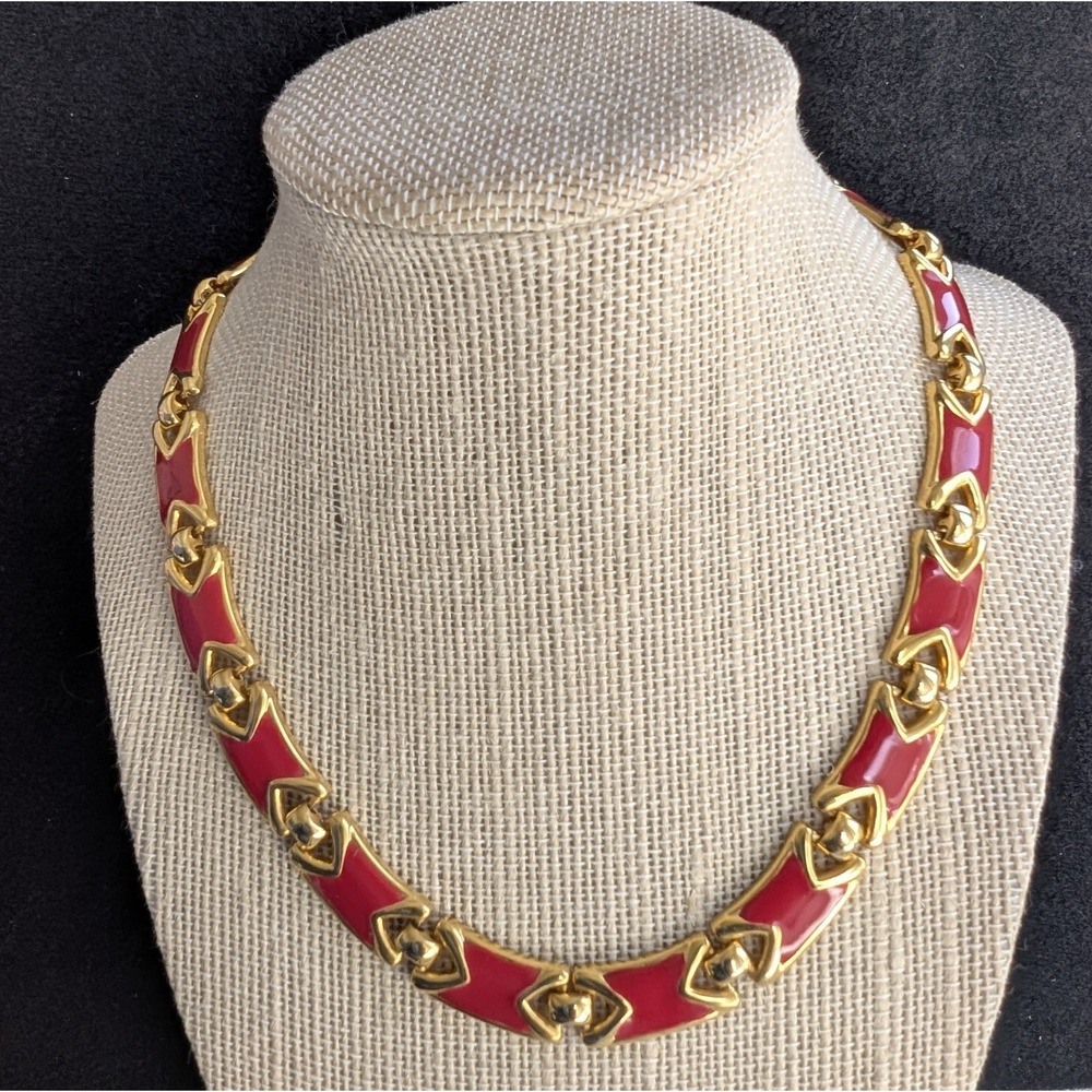 Vintage Gold Tone Red Enamel Link Necklace 17"